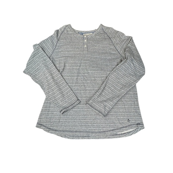 ORIGINAL PENGUIN Mens French Terry Henley Shirt XXL Grey White Stripe Knit N223 - Picture 1 of 8